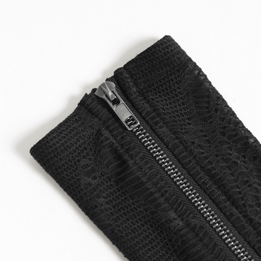 Black Lace-Up Gothic Arm Warmers with Mesh Panels, featuring a stylish zipper detail for a unique aesthetic.