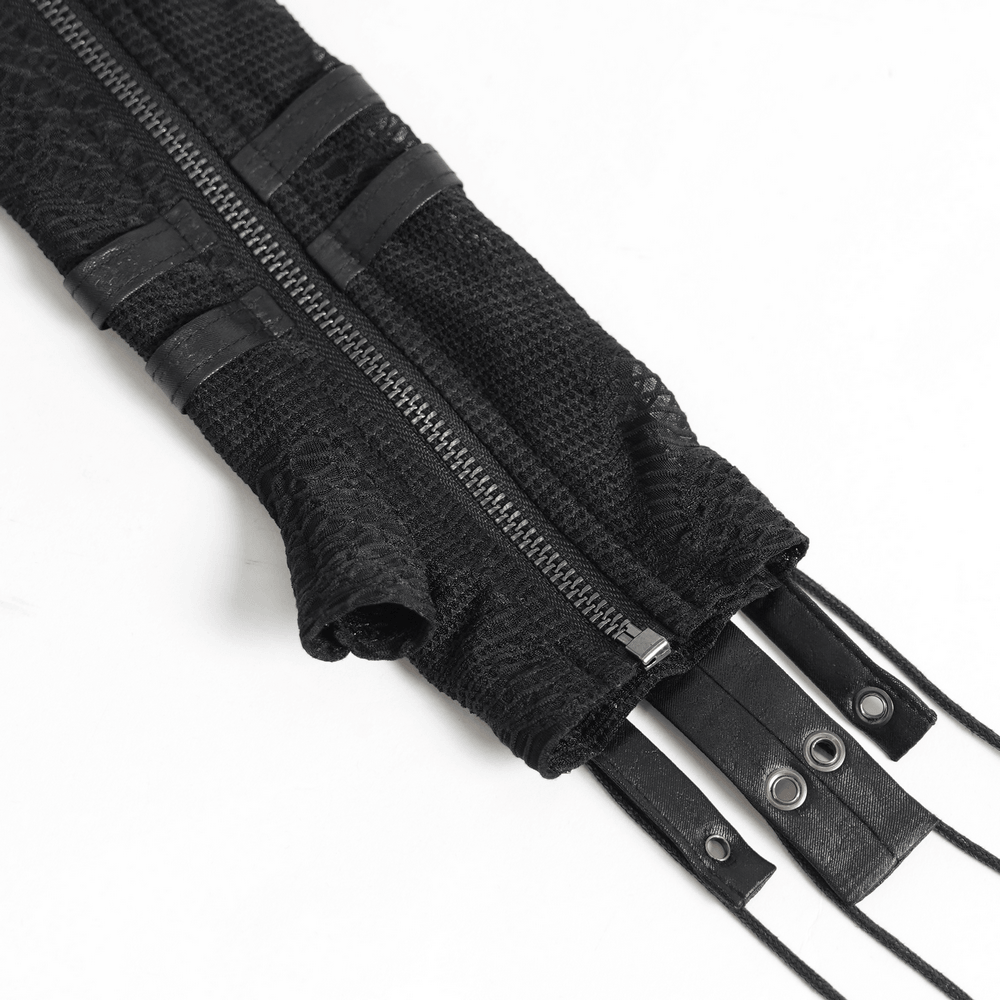 Black Lace-Up Gothic Arm Warmers with Mesh Panels showcasing intricate design and unique texture.