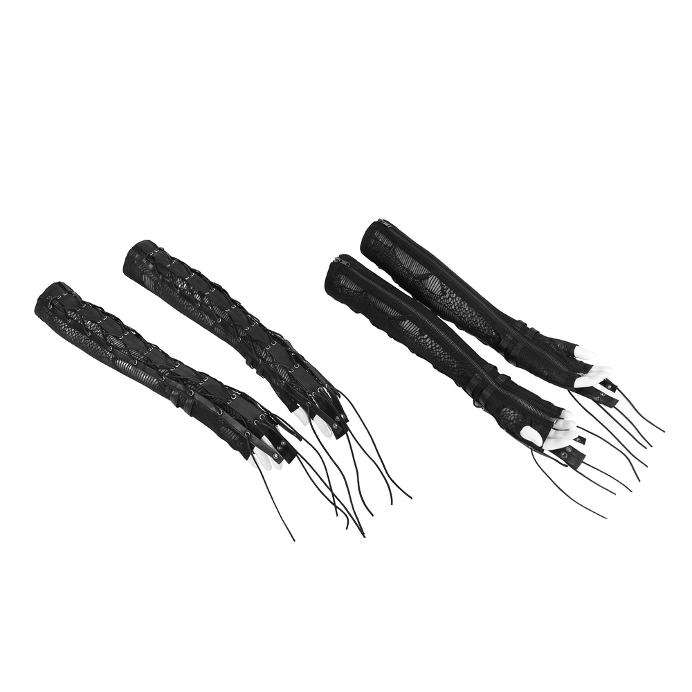 Black Lace-Up Gothic Arm Warmers with Mesh Panels displayed on a white background.