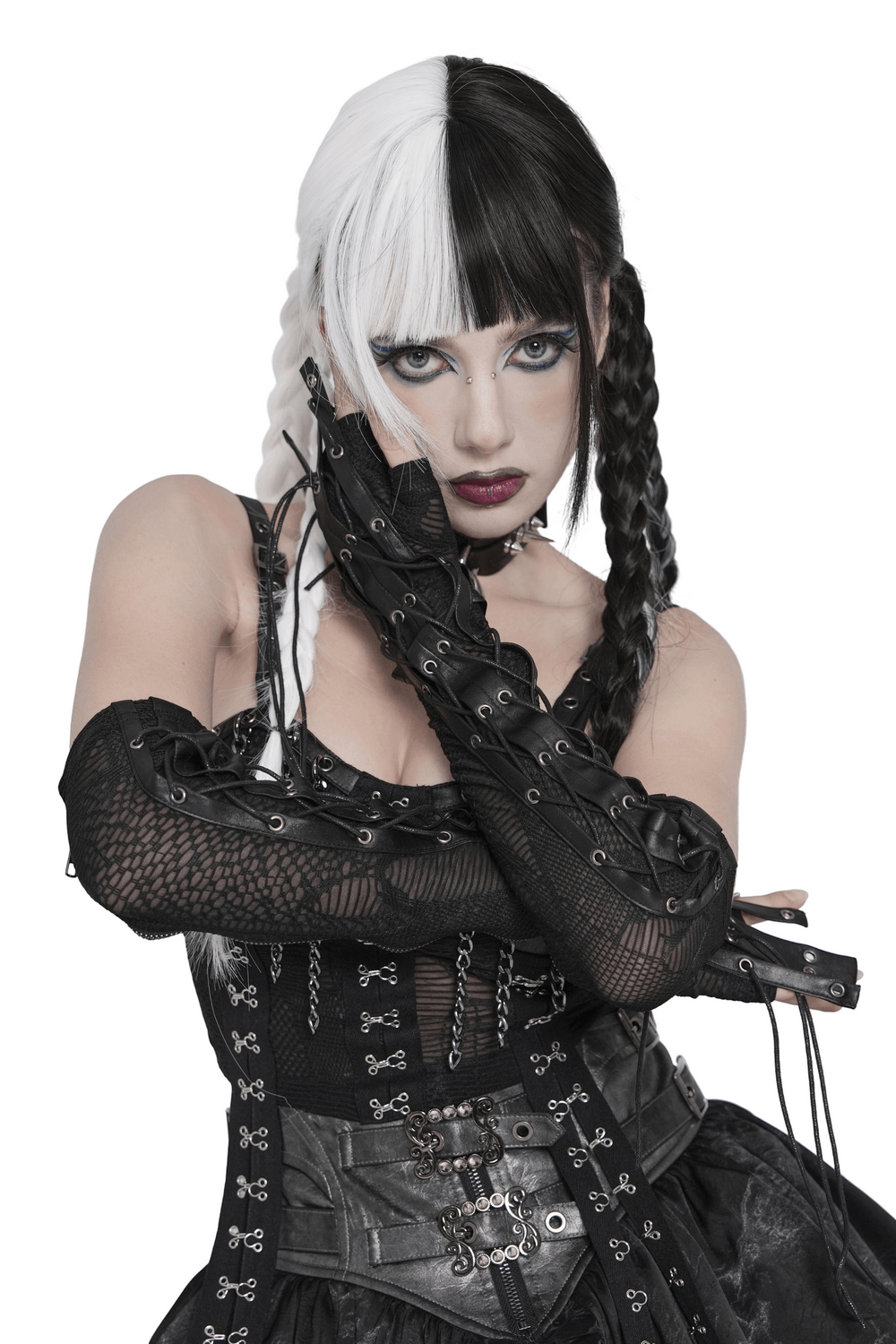 Black Lace-Up Gothic Arm Warmers with Mesh Panels worn by a model in a striking gothic outfit.