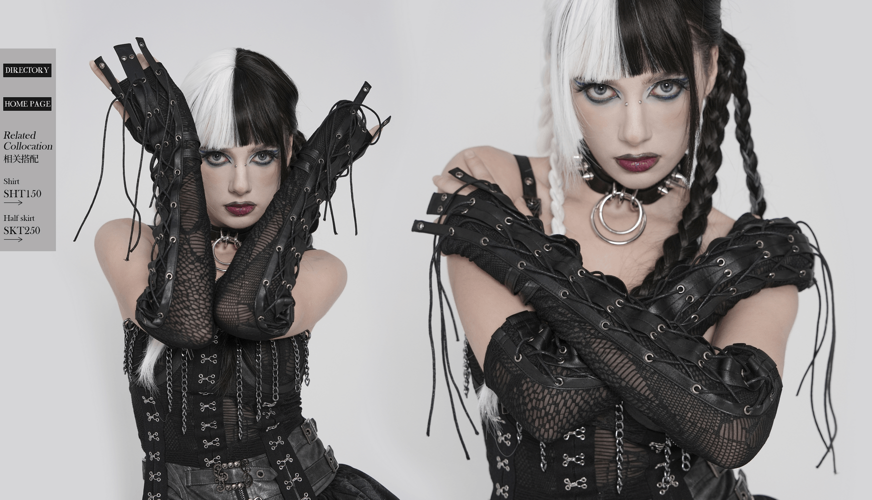 Black Lace-Up Gothic Arm Warmers with Mesh Panels worn by a model in a stylish gothic outfit.