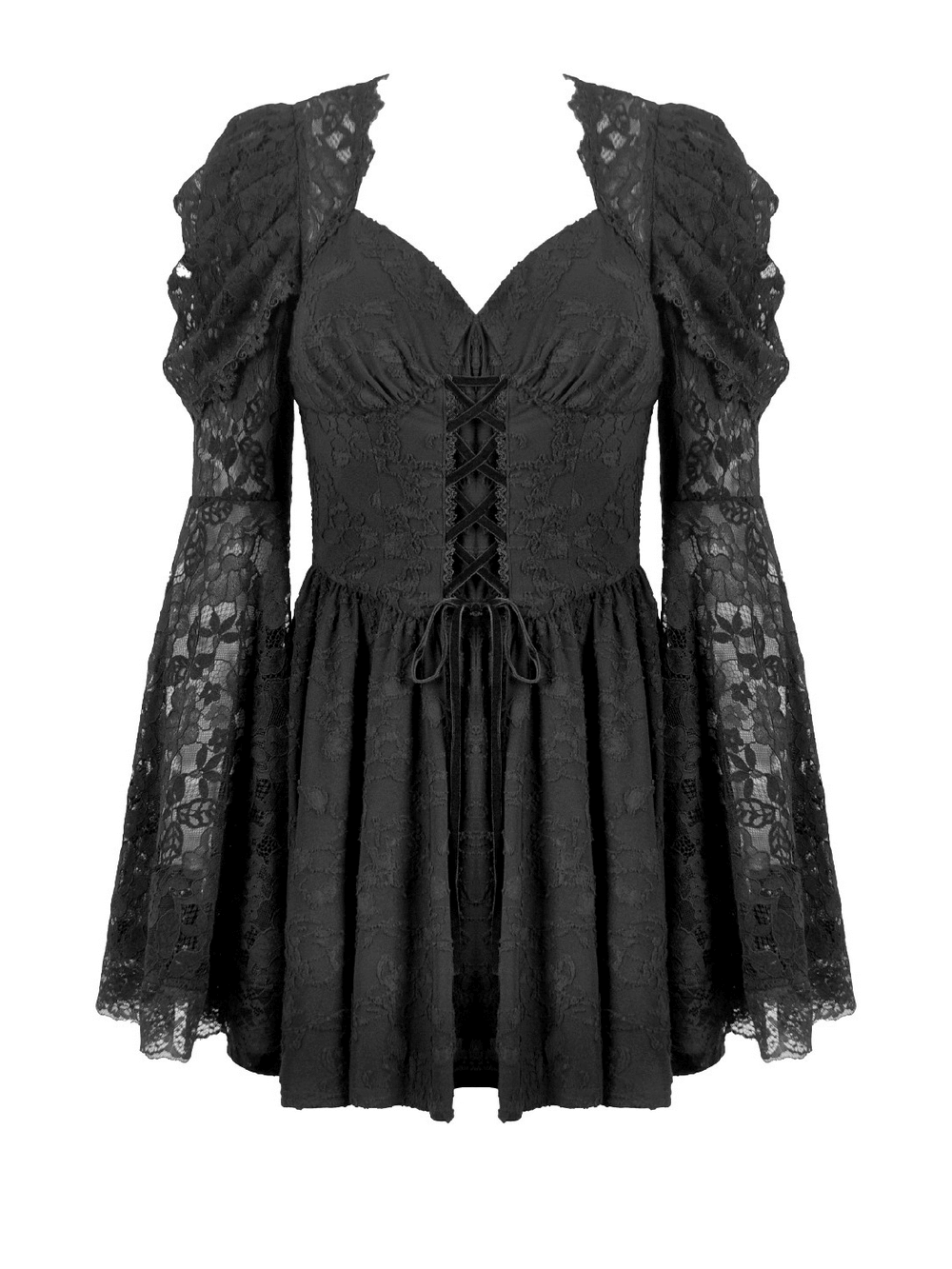 Black Lace-Up Gothic Mini Dress with Bell Sleeves - Flirty black lace dress with ruffled bell sleeves and corset detailing.