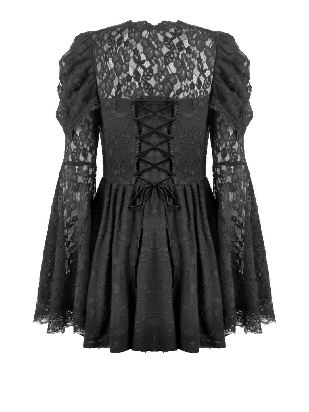 Black Lace-Up Gothic Mini Dress with Bell Sleeves featuring intricate lace and flowing bell sleeves.