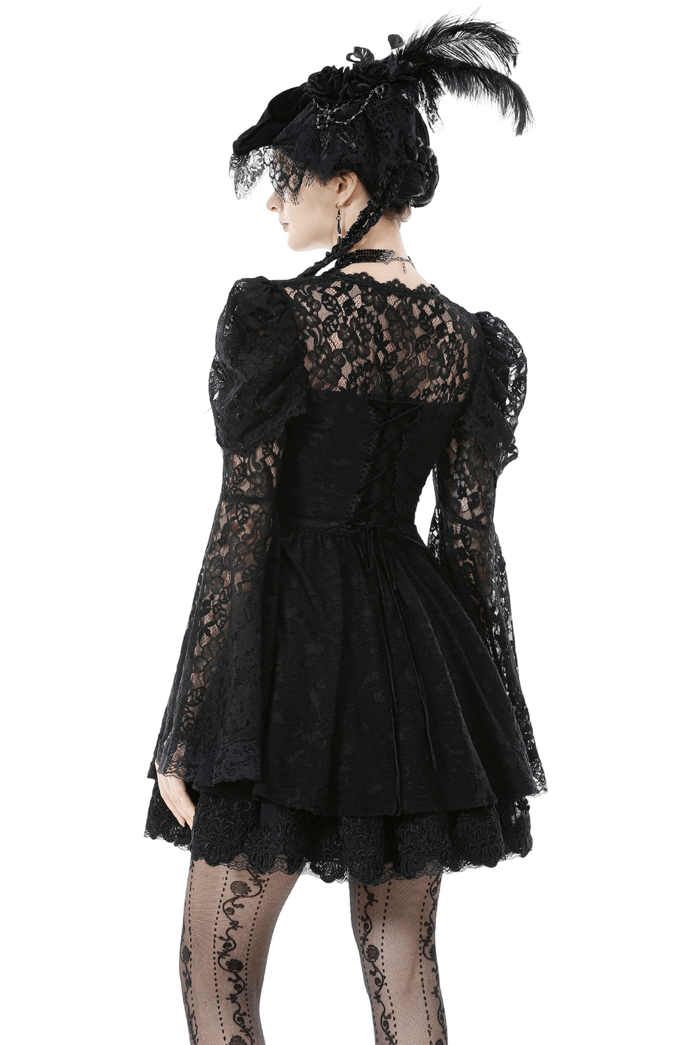Black Lace-Up Gothic Mini Dress with Bell Sleeves showcasing intricate lace detailing and ruffled bell sleeves.