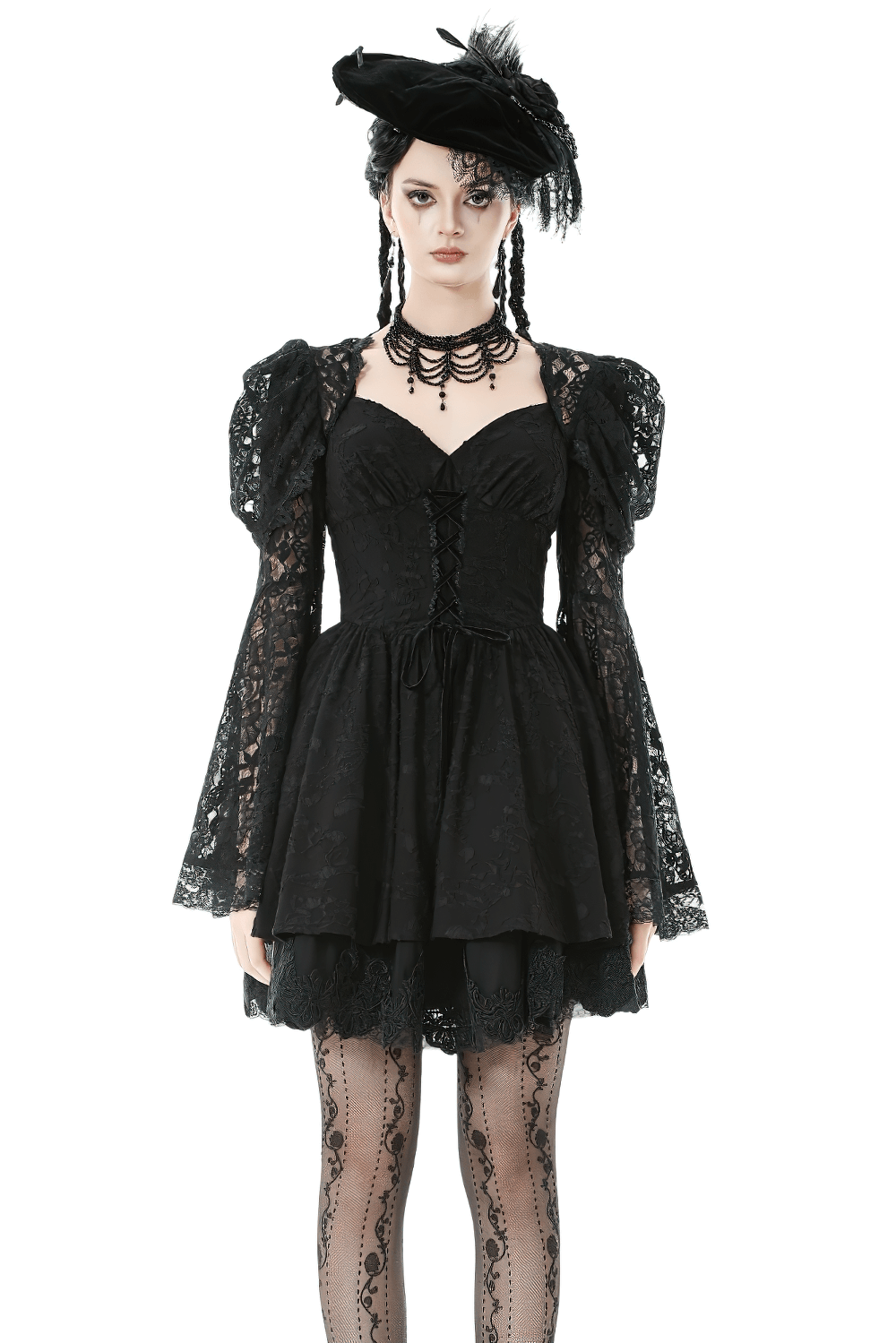 Black Lace-Up Gothic Mini Dress with Bell Sleeves modeled by a woman, featuring bell sleeves and lace detailing.