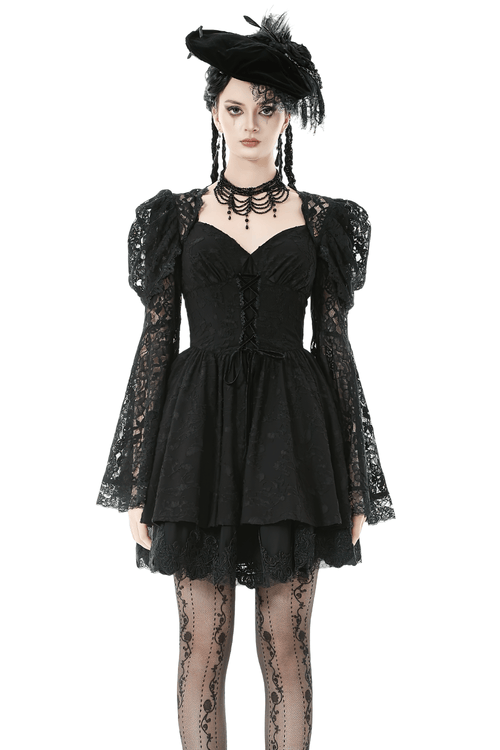 Black Lace-Up Gothic Mini Dress with Bell Sleeves