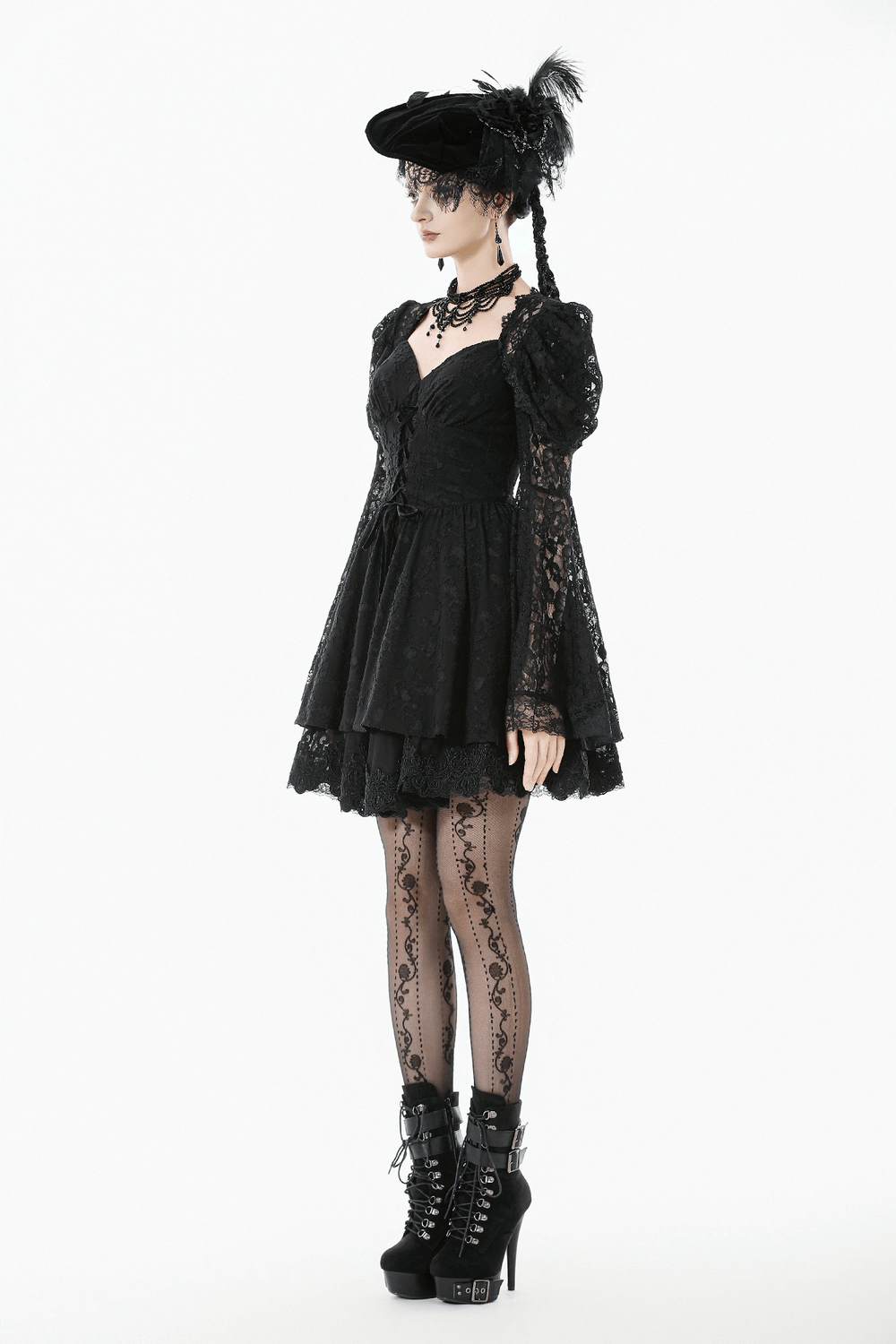 Black Lace-Up Gothic Mini Dress with Bell Sleeves styled with ruffled bell sleeves and vintage accessories.