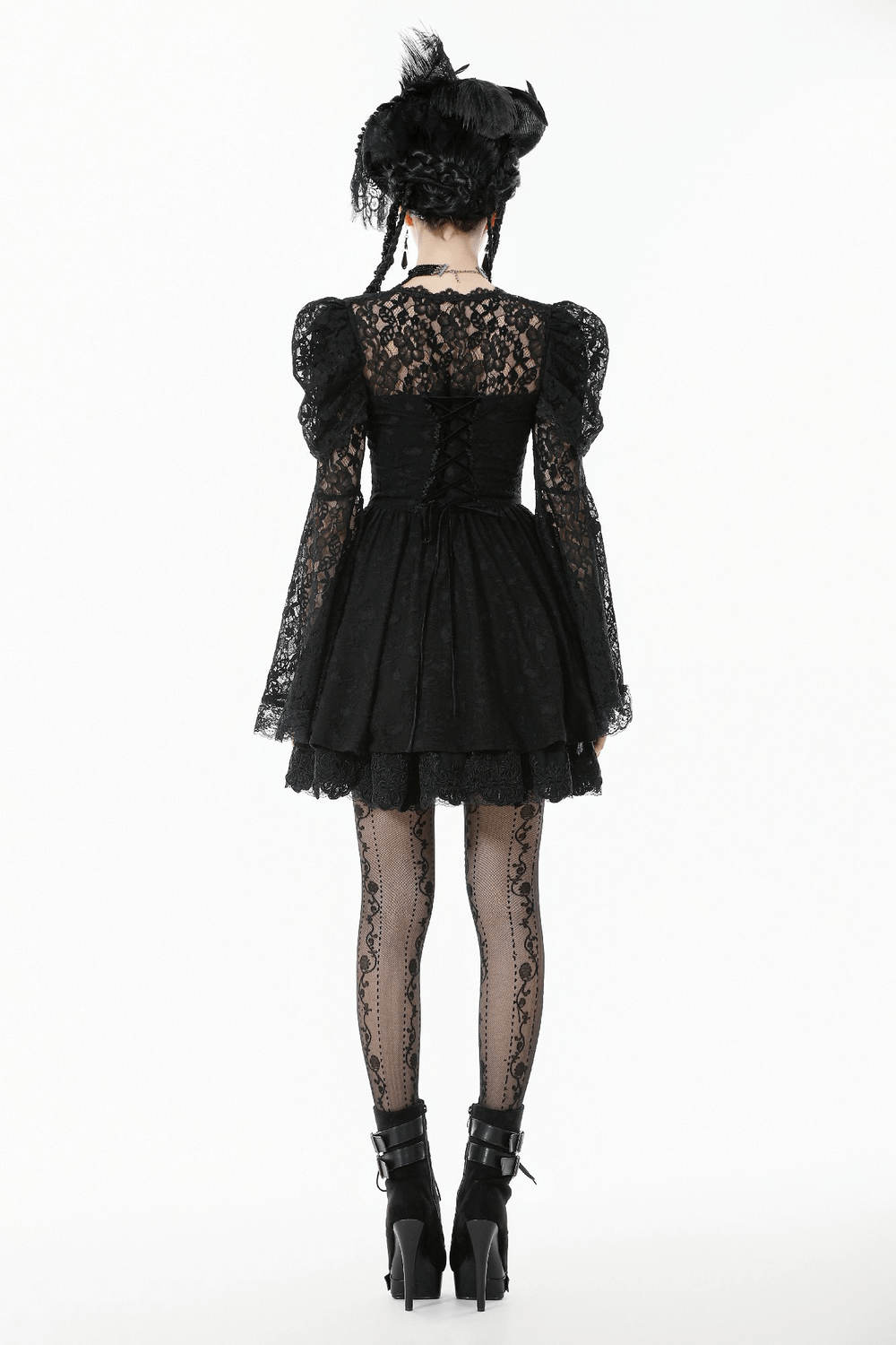 Black Lace-Up Gothic Mini Dress with Bell Sleeves showcasing elegant lace and ruffled bell sleeves from the back.