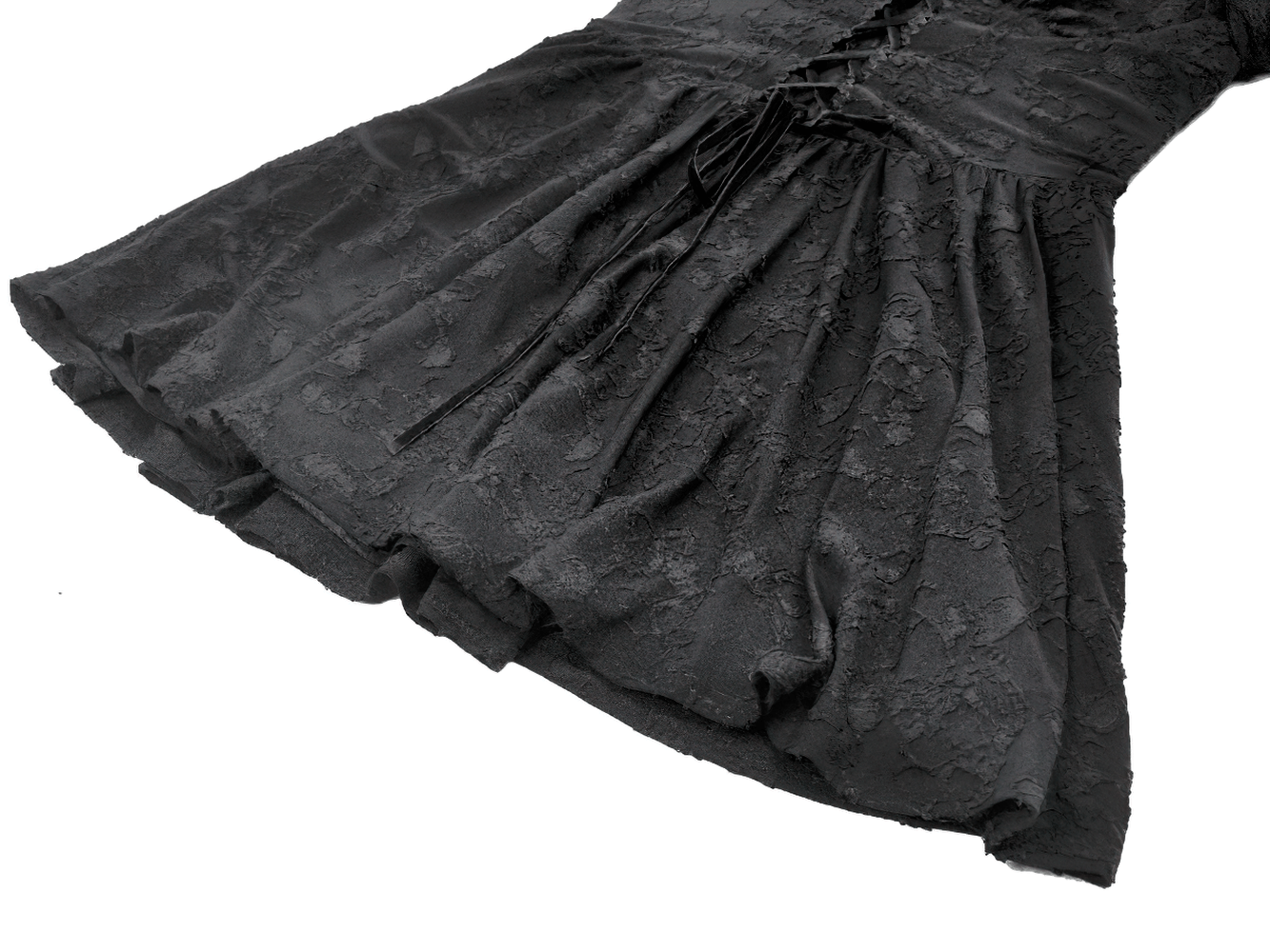 Black Lace-Up Gothic Mini Dress with Bell Sleeves showcasing intricate lace detailing and ruffled skirt.