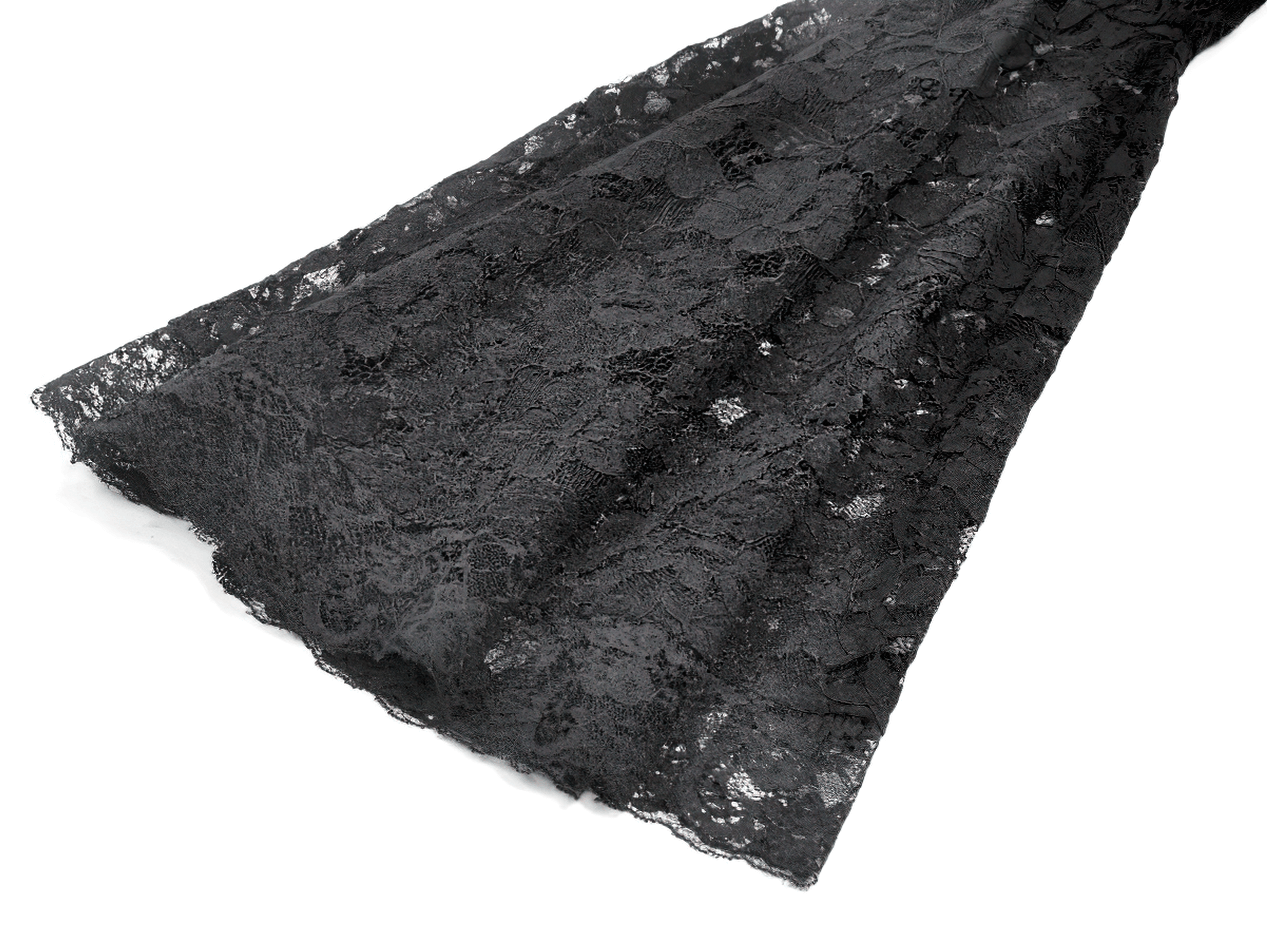 Close-up of delicate lace fabric for the Black Lace-Up Gothic Mini Dress with Bell Sleeves.