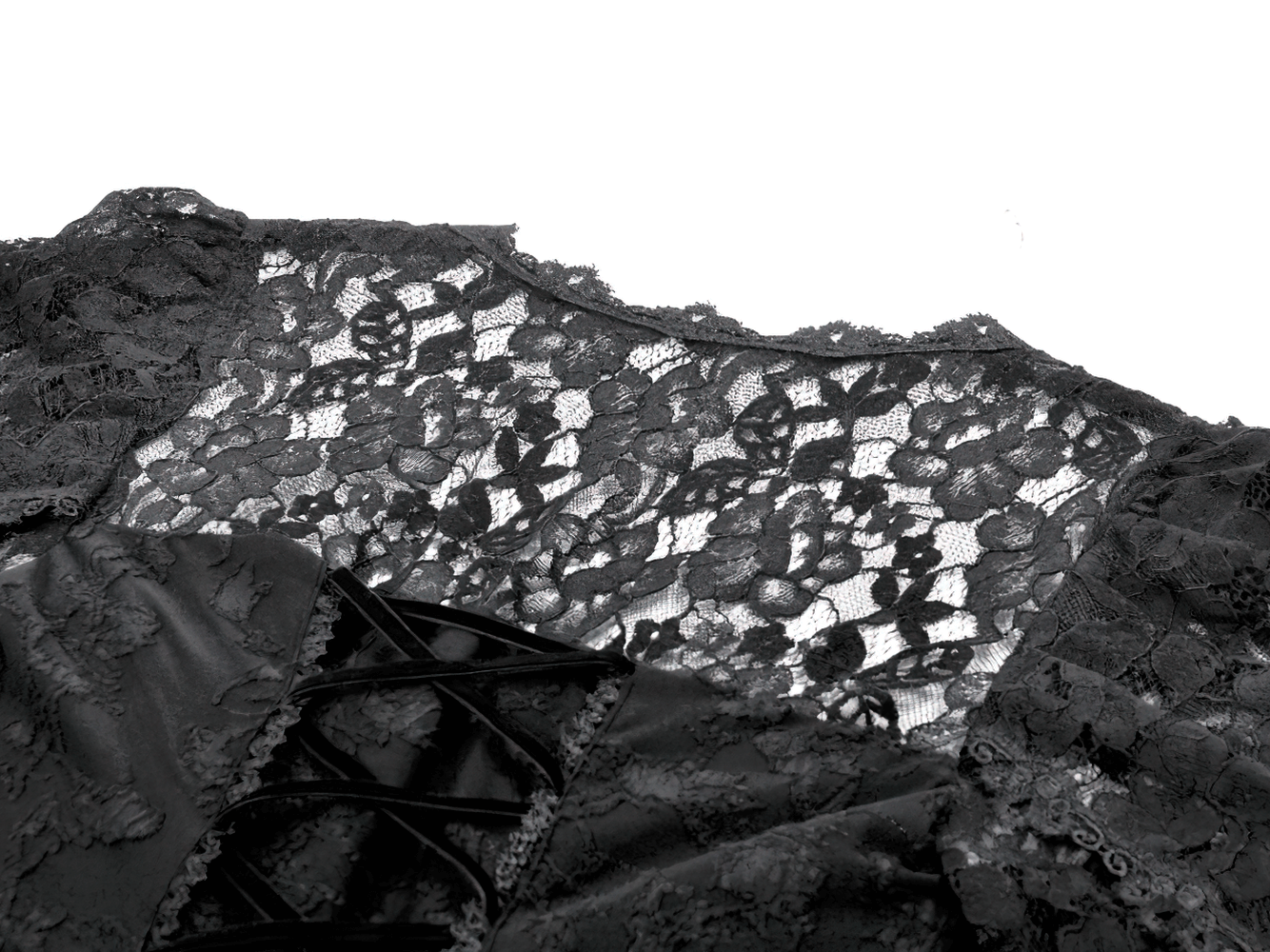 Black Lace-Up Gothic Mini Dress with Bell Sleeves close-up of intricate lace detailing and corset lacing.