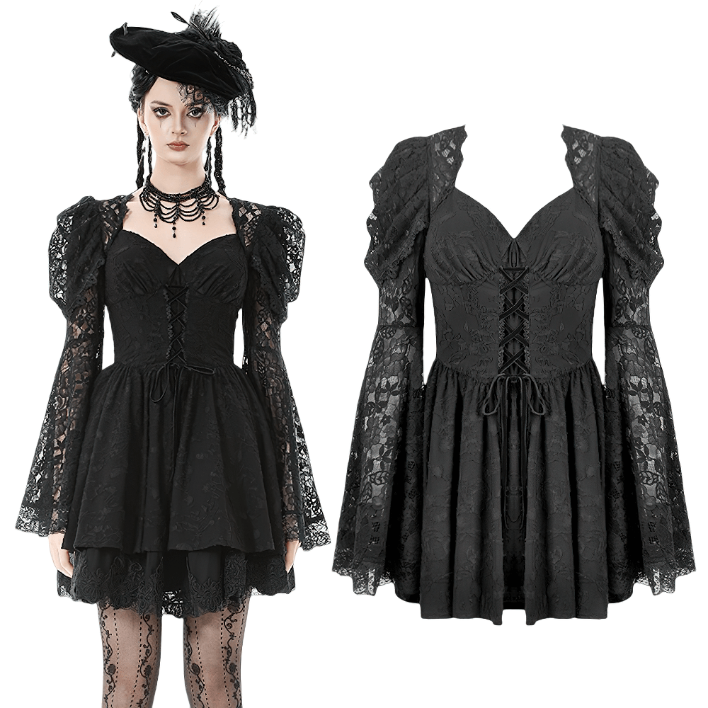 Black Lace-Up Gothic Mini Dress with Bell Sleeves showcasing intricate lace and ruffled bell sleeves.