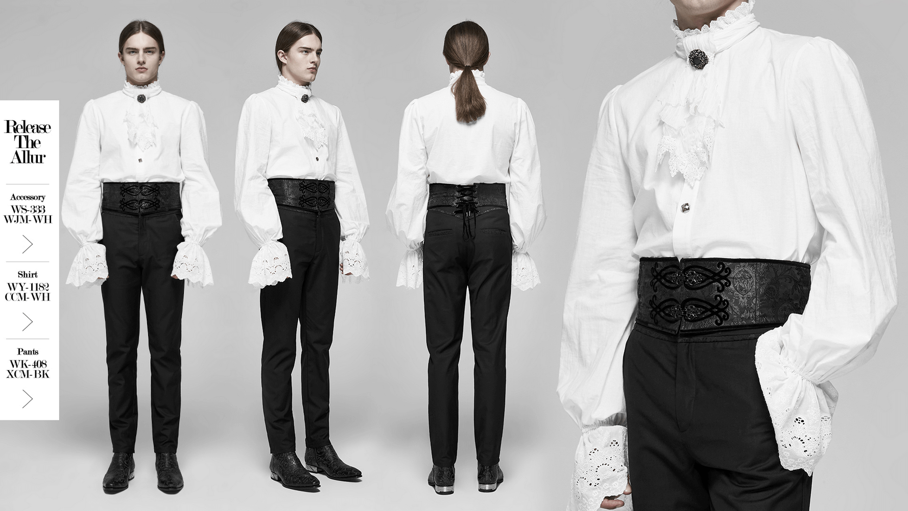 Elegant model in white blouse and black corset belt, showcasing a stylish and refined look suitable for any occasion.