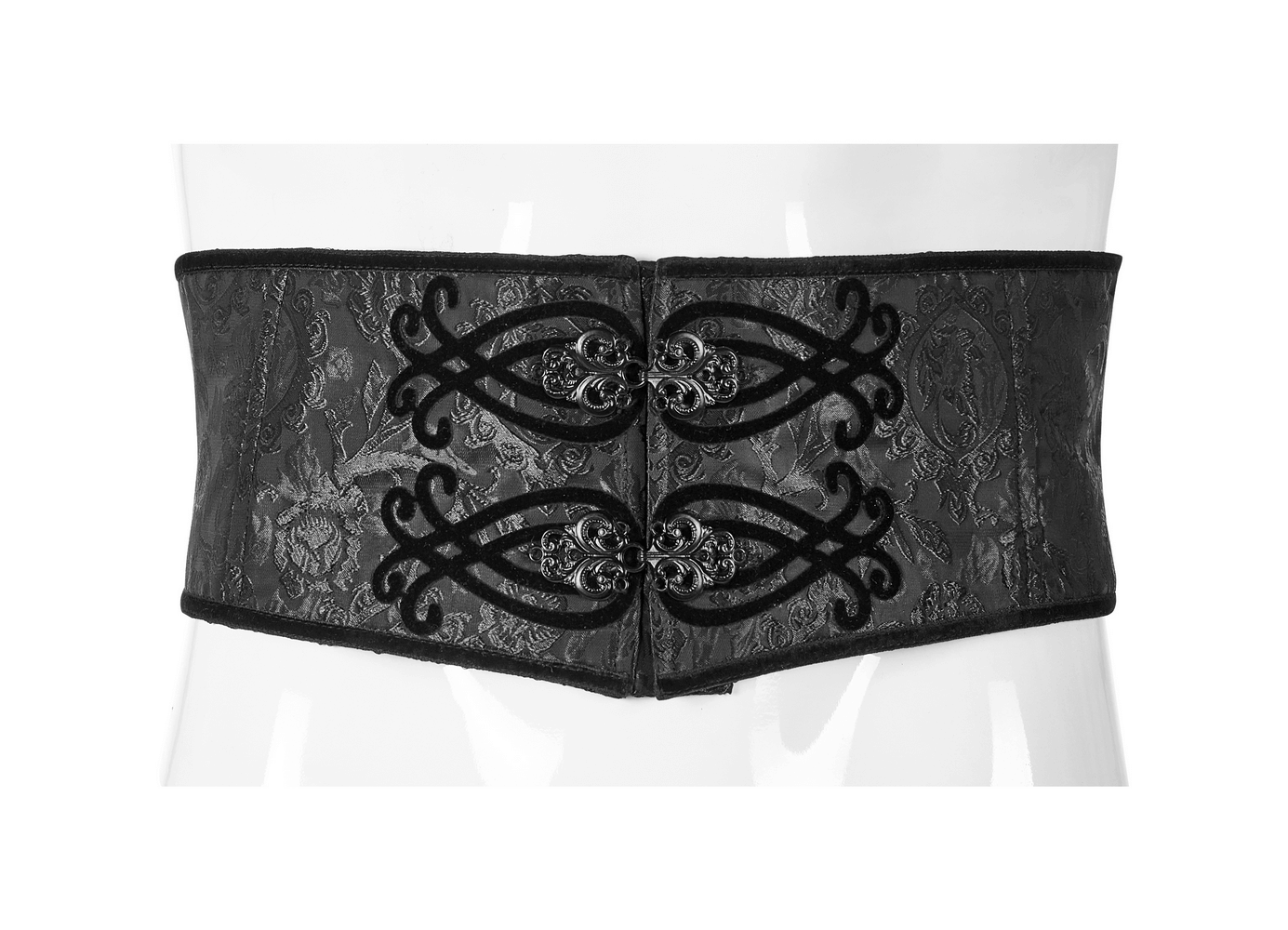 Elegant black lace-up jacquard corset belt with ornate metal buckle, perfect for cinching the waist.