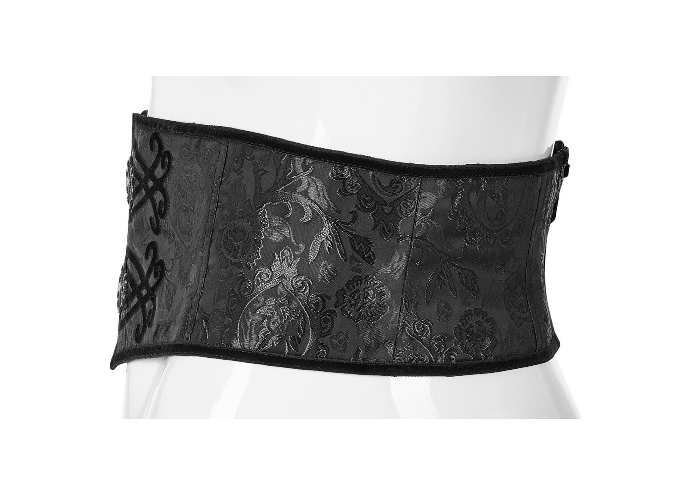 Black lace-up jacquard corset belt with elegant metal buckle, perfect for cinching the waist and enhancing silhouettes.