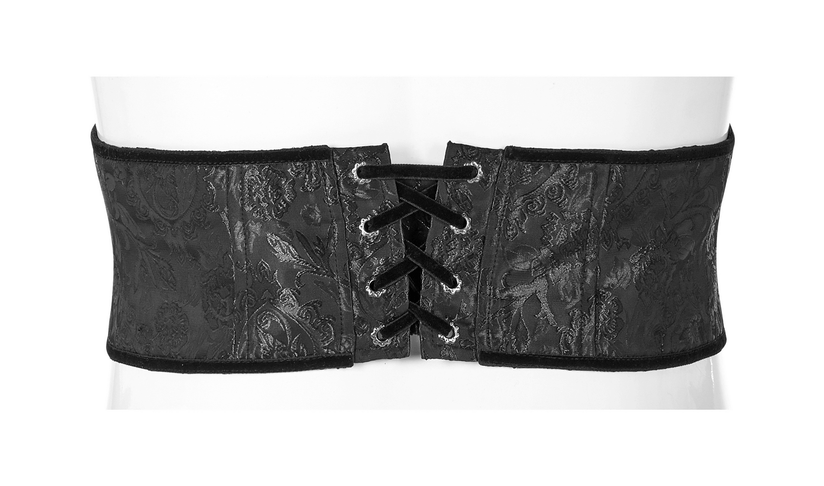 Black lace-up jacquard corset belt with a metal buckle, featuring elegant dark patterns and adjustable fit.