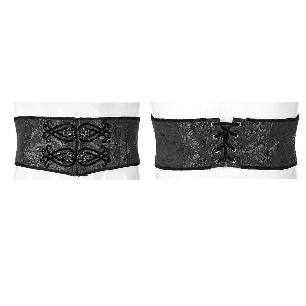 Black jacquard corset belt featuring elegance with metal buckle and adjustable lace-up detail.