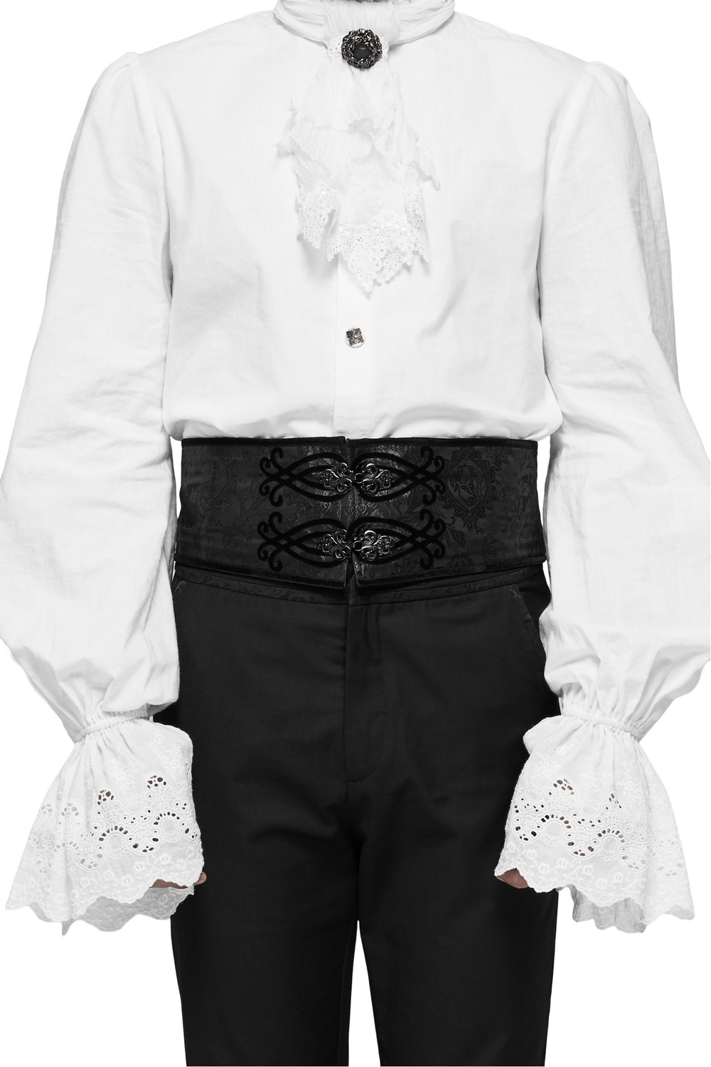 Elegant black lace-up jacquard corset belt with a decorative buckle worn over a white ruffled shirt.