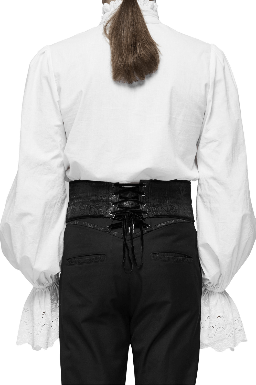 Back view of a person wearing a black lace-up jacquard corset belt with metal buckle over a white shirt.