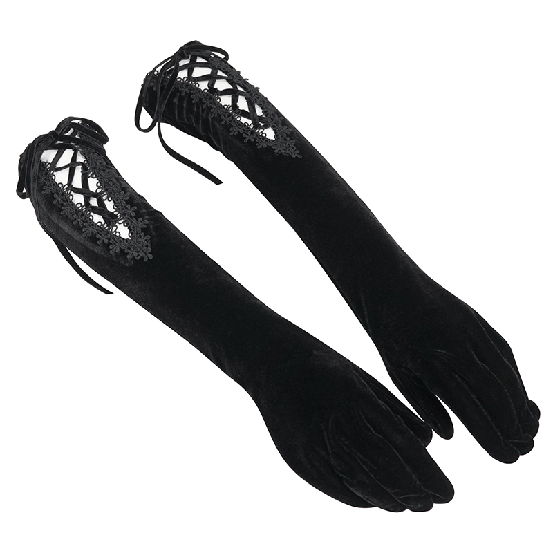 Black Lace-up Lace Hem Velvet Gloves for Women / Gothic Accessories - HARD'N'HEAVY