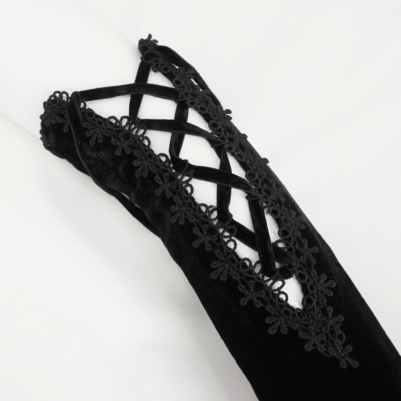 Black Lace-up Lace Hem Velvet Gloves for Women / Gothic Accessories - HARD'N'HEAVY