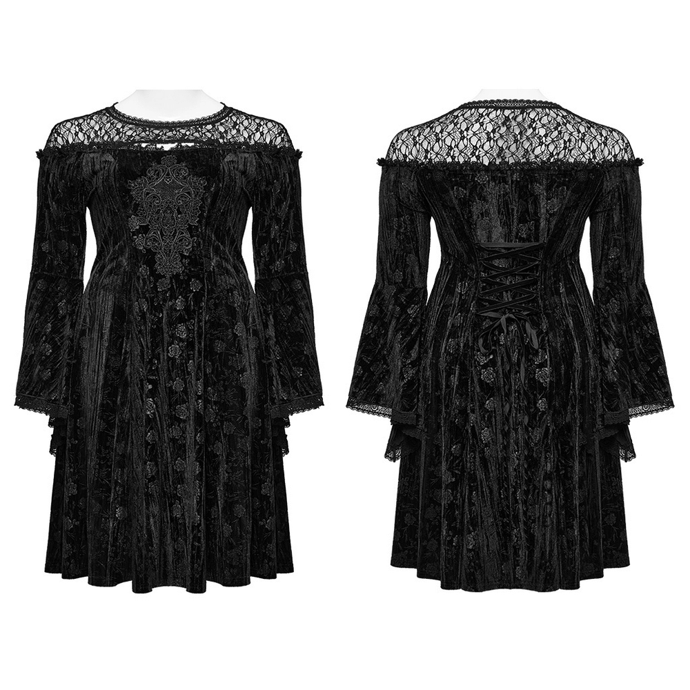 Victorian-inspired black lace velvet roses dress showcasing front and back with trumpet sleeves and intricate lace details.