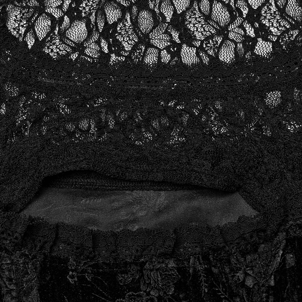 Intricate black lace texture of the Victorian-inspired Black Lace Velvet Roses Dress.