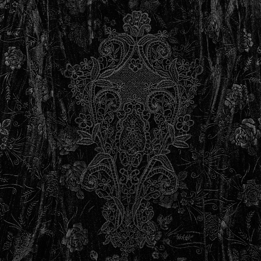 Intricate black velvet lace pattern with embossed roses, embodying Gothic elegance for a Victorian-inspired dress.