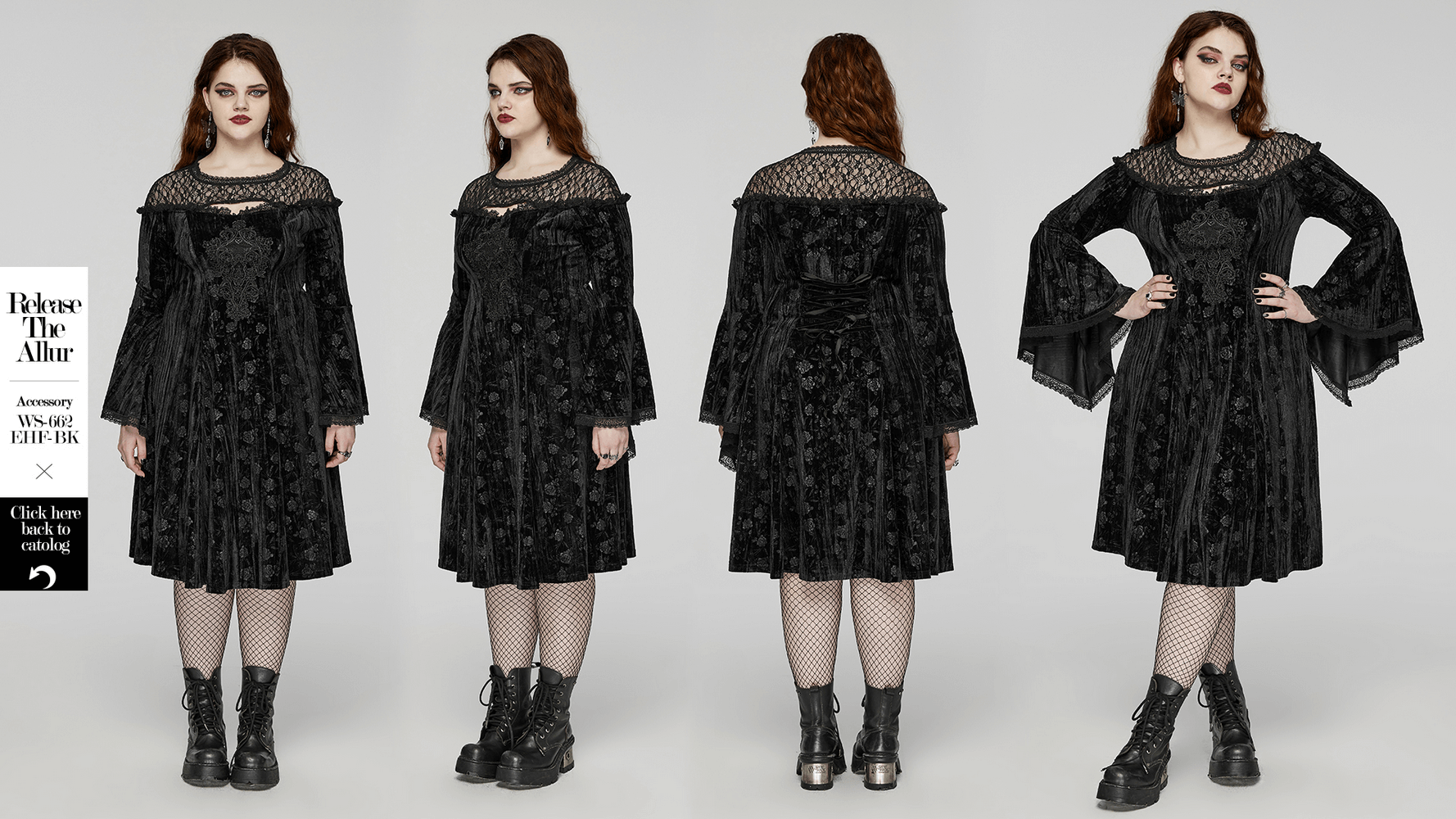 Black Lace Velvet Roses Dress - Gothic Elegance