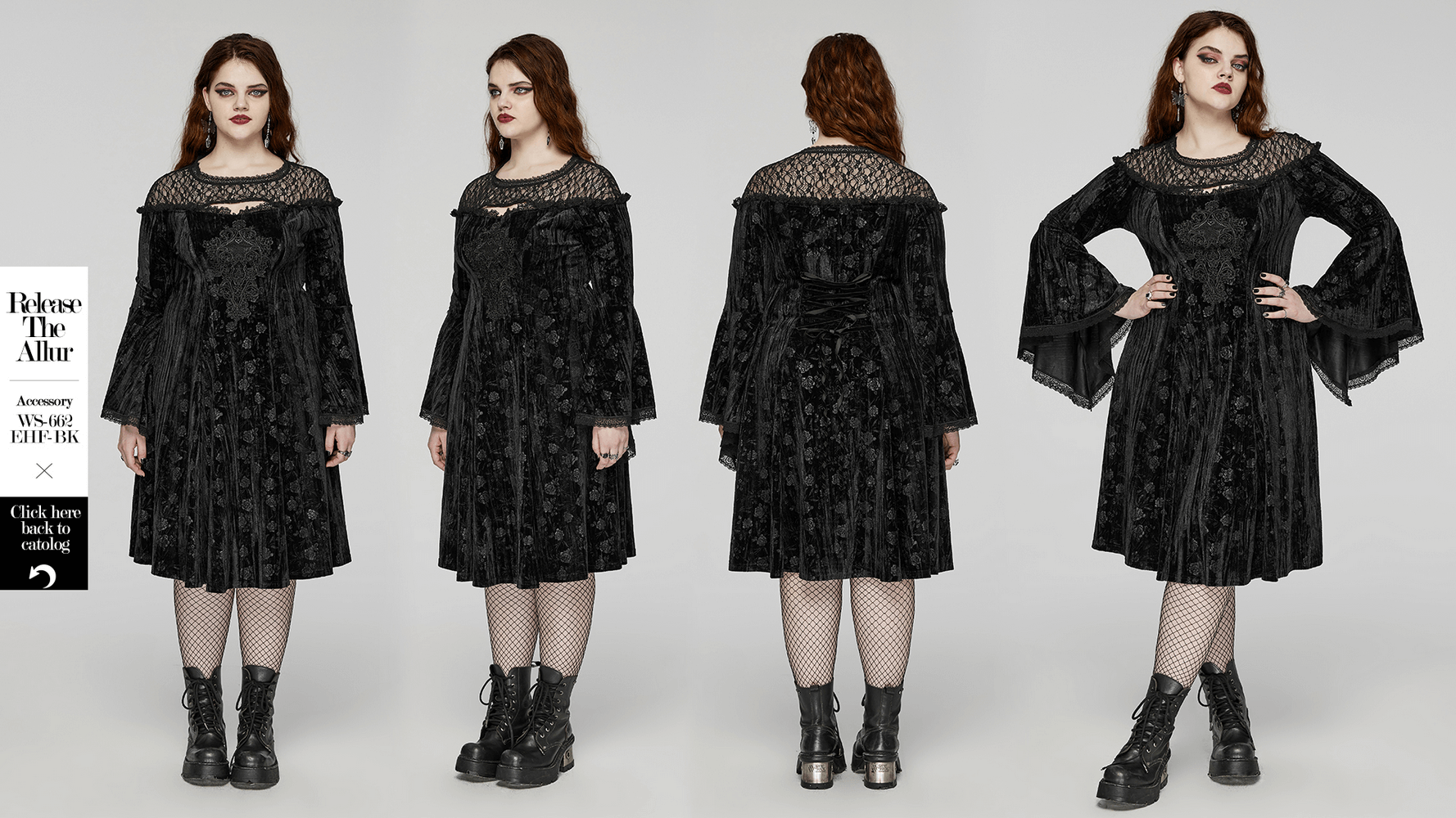 Victorian-inspired black velvet roses dress with lace sleeves and artistic cuffs, embodying gothic elegance.