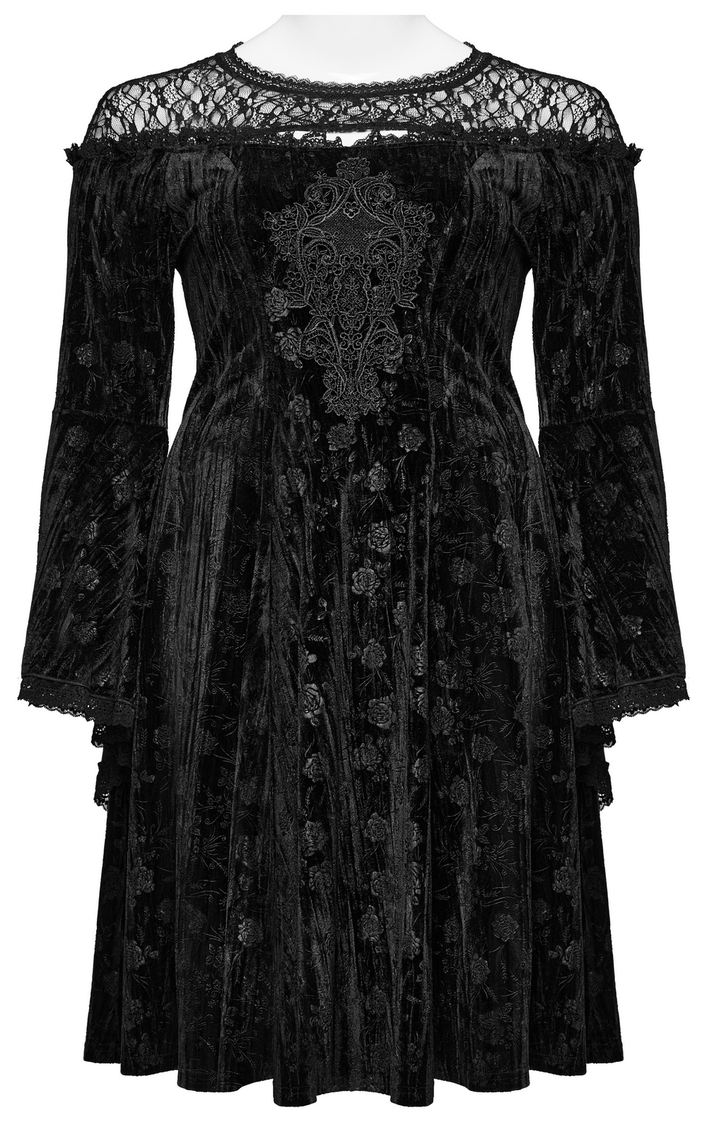 Victorian-inspired black velvet dress with lace and floral design, featuring bell sleeves for gothic elegance.