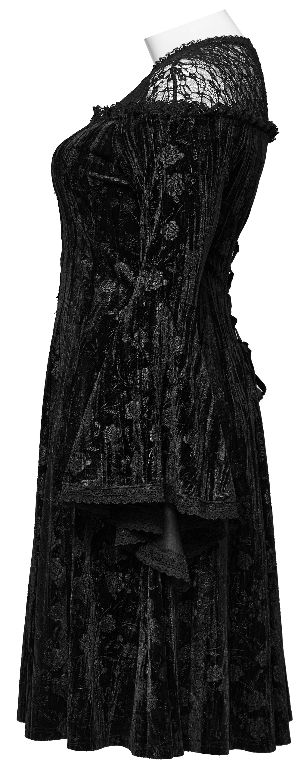 Side view of a black velvet dress with lace details and rose patterns, showcasing gothic elegance and Victorian style.