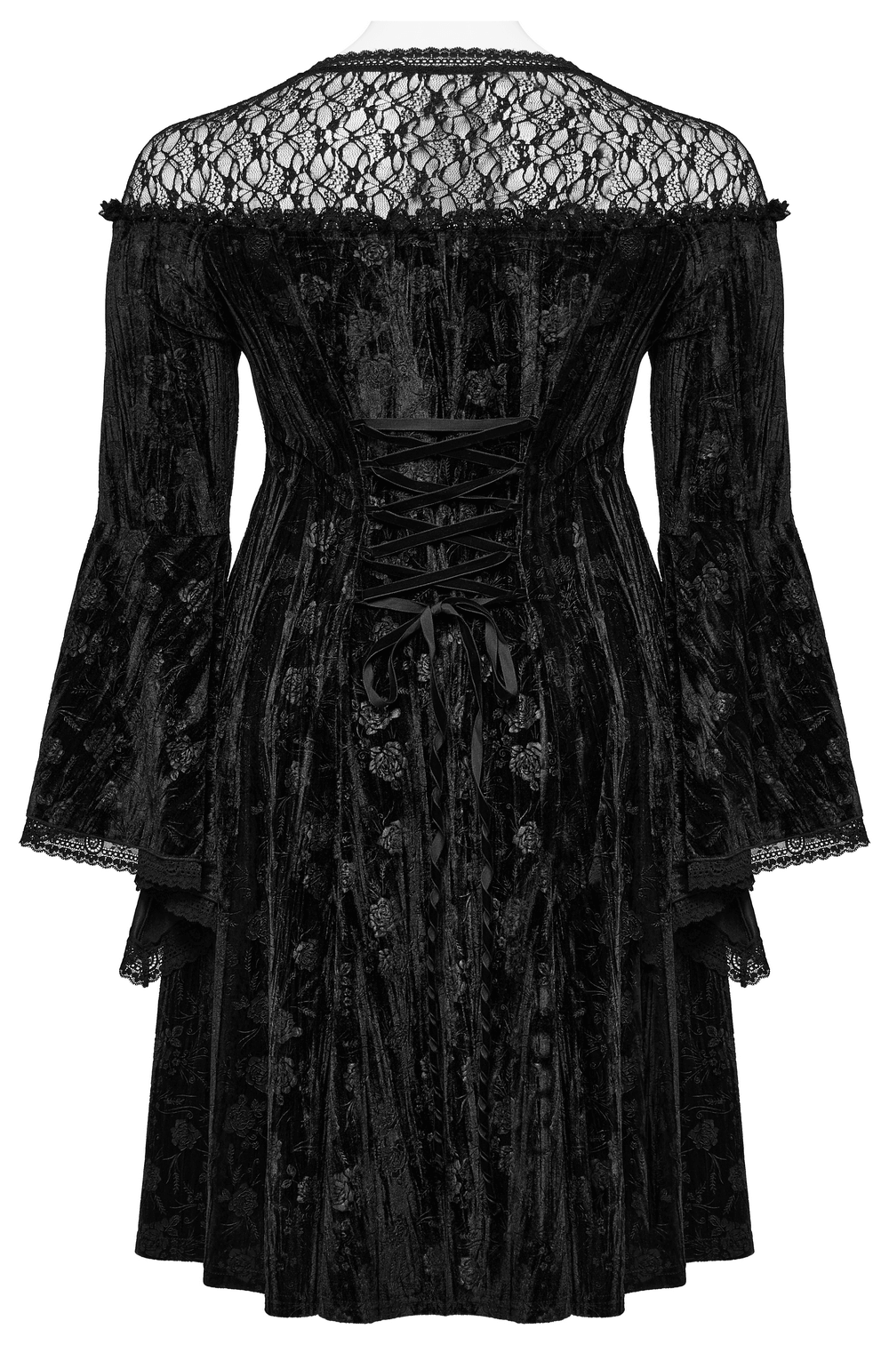 Back view of a Victorian-inspired black lace velvet dress with trumpet sleeves and floral detailing.
