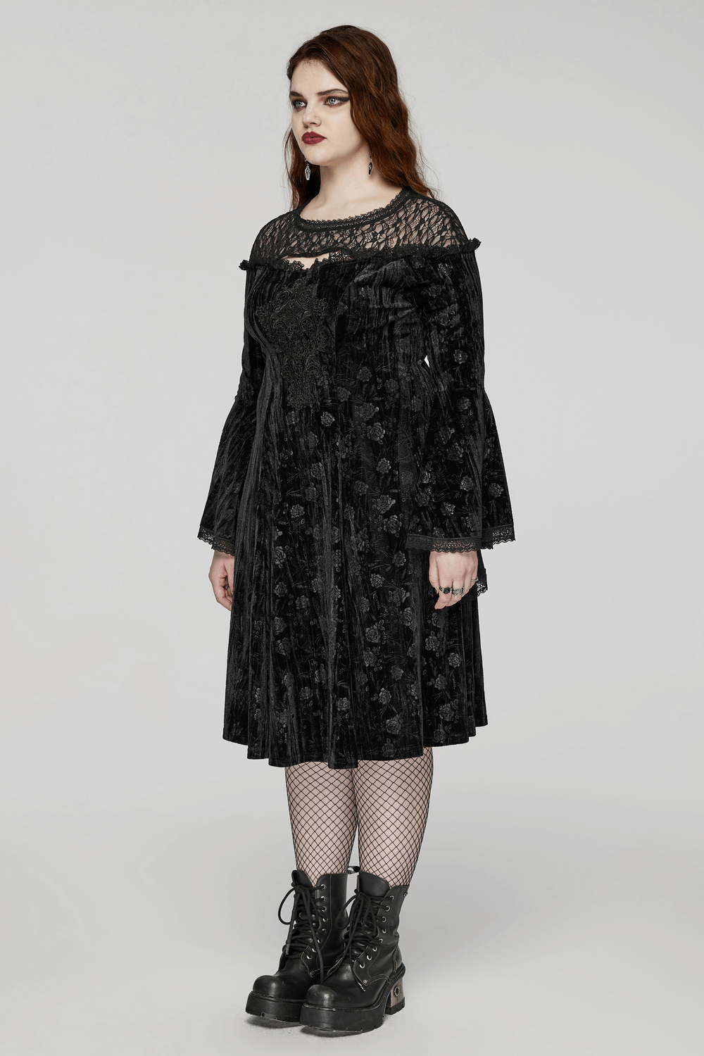 Victorian-inspired black lace velvet roses dress with trumpet sleeves and designer cuffs, perfect for Gothic elegance.