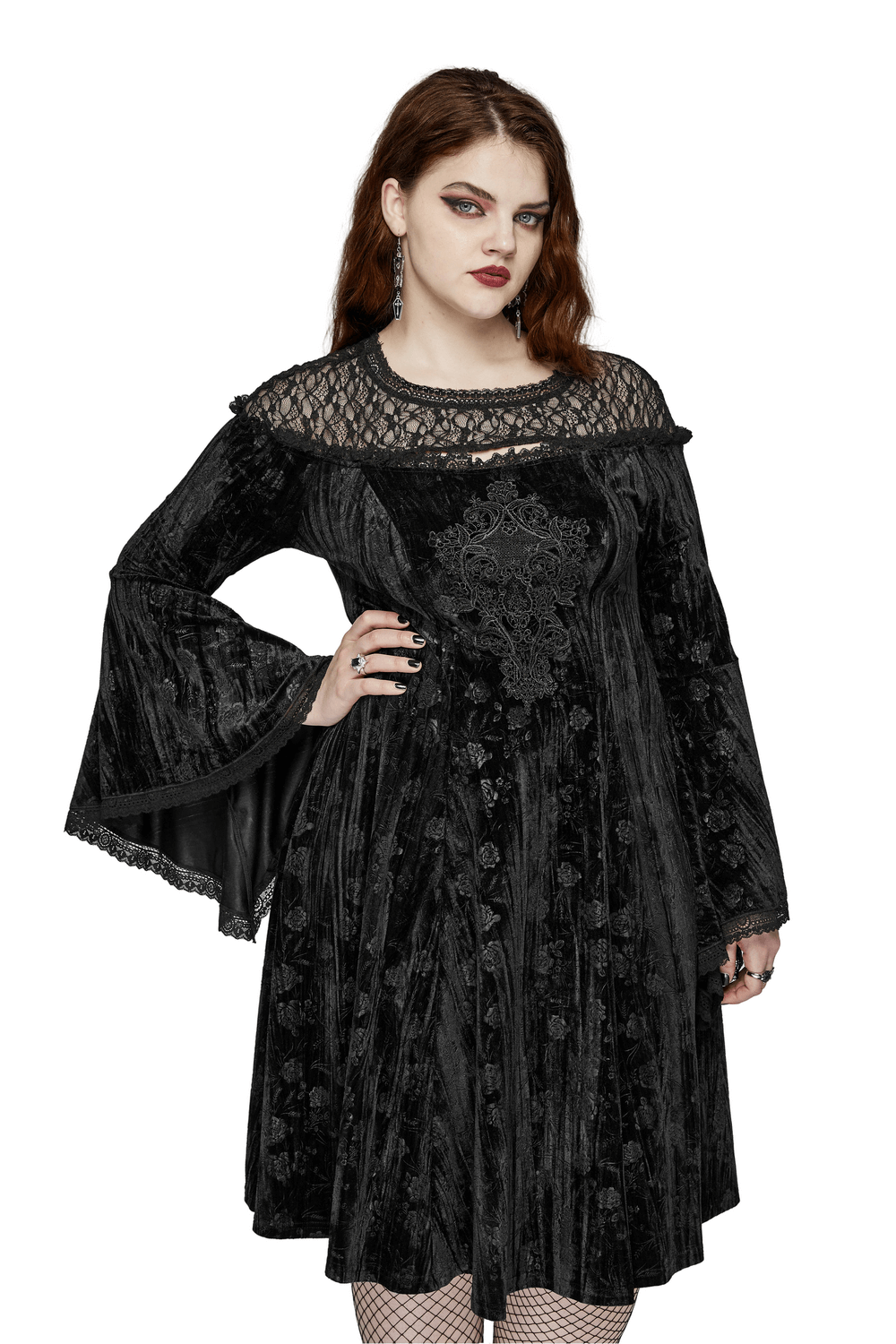 Black Lace Velvet Roses Dress - Gothic Elegance
