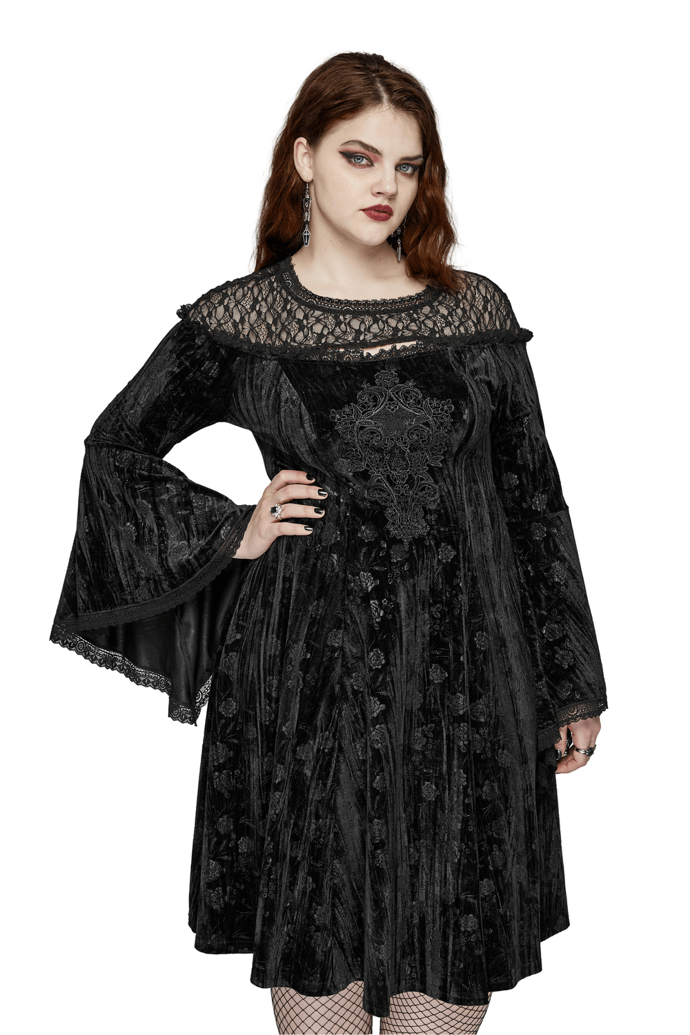 Gothic Black Lace Velvet Roses Dress with trumpet sleeves and lace detailing, perfect for Victorian-inspired elegance.