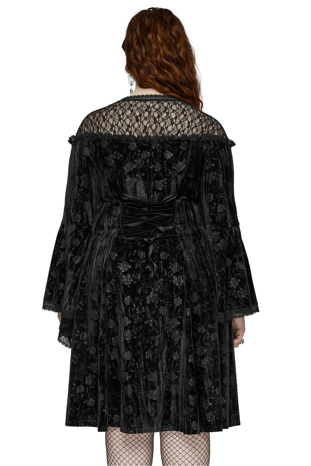 Back view of Gothic Black Lace Velvet Roses Dress showcasing intricate lace and trumpet sleeves.