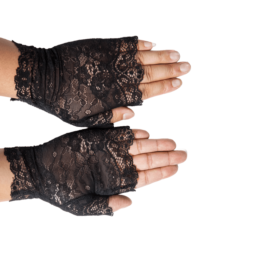 Elegant black lace Victorian-inspired fashion gloves with intricate patterns, perfect for stylish outfits.