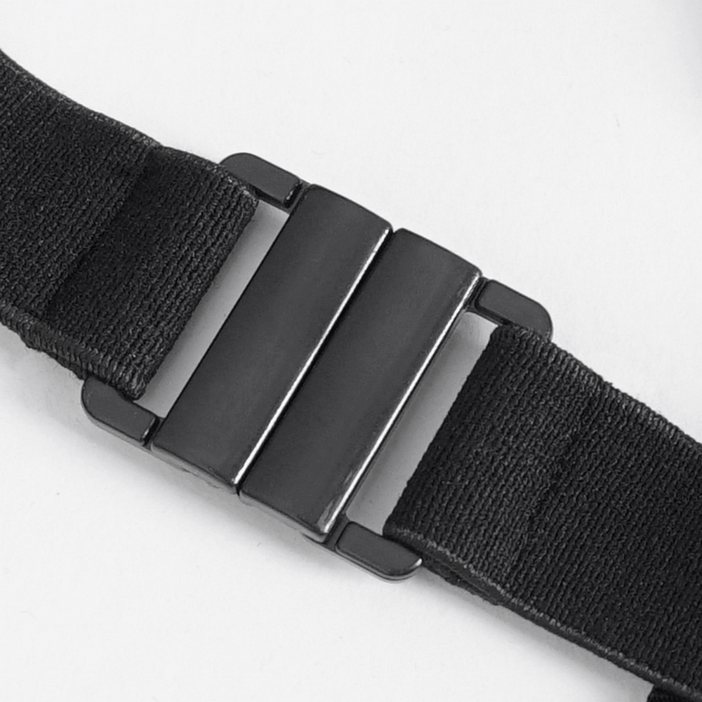 Close-up of a black adjustable strap buckle detail on a fashion accessory.