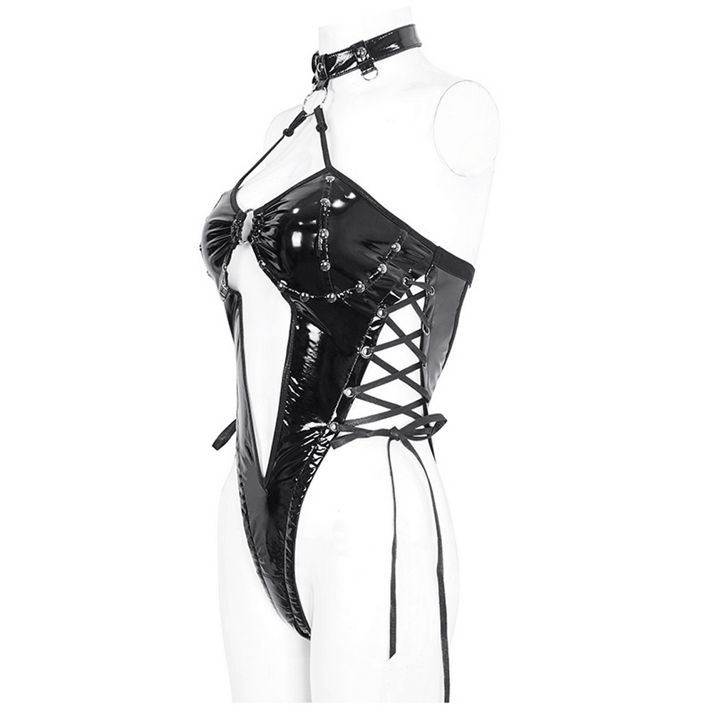 Black Ladies Vinyl Lace-Up Strappy Bodysuit with Choker