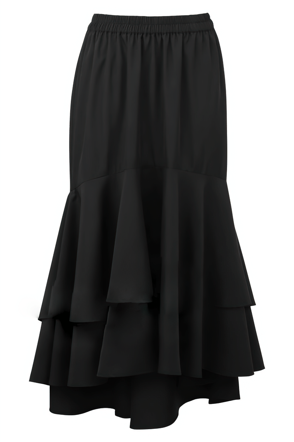 Black layered burlesque skirt with elastic waistband, showcasing elegant ruffles for gothic and vintage fashion.