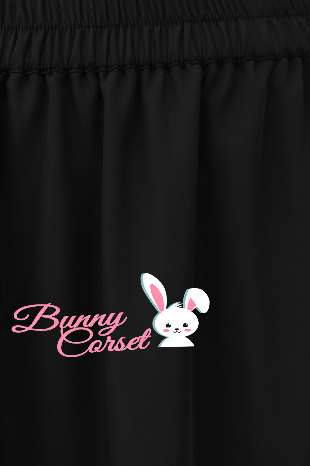 Black skirt waistband featuring playful 'Bunny Corset' logo with cute bunny graphic.