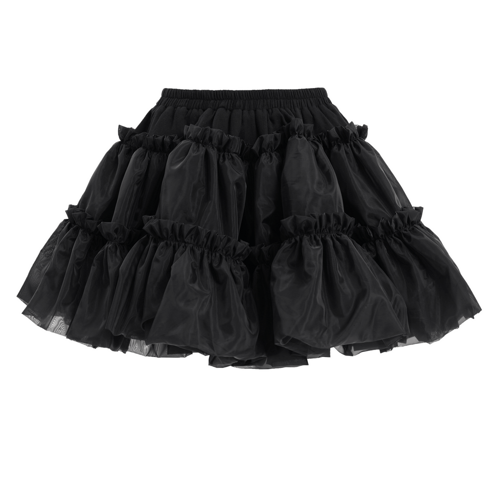 Black layered Gothic Lolita tulle skirt featuring puffy ruffles for a dramatic, vintage-inspired look.