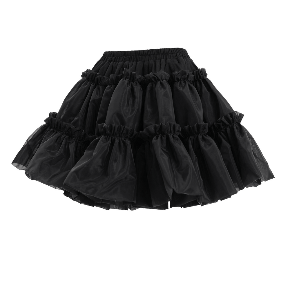 Black layered Gothic Lolita tulle skirt with puffy ruffles for a vintage dramatic look.