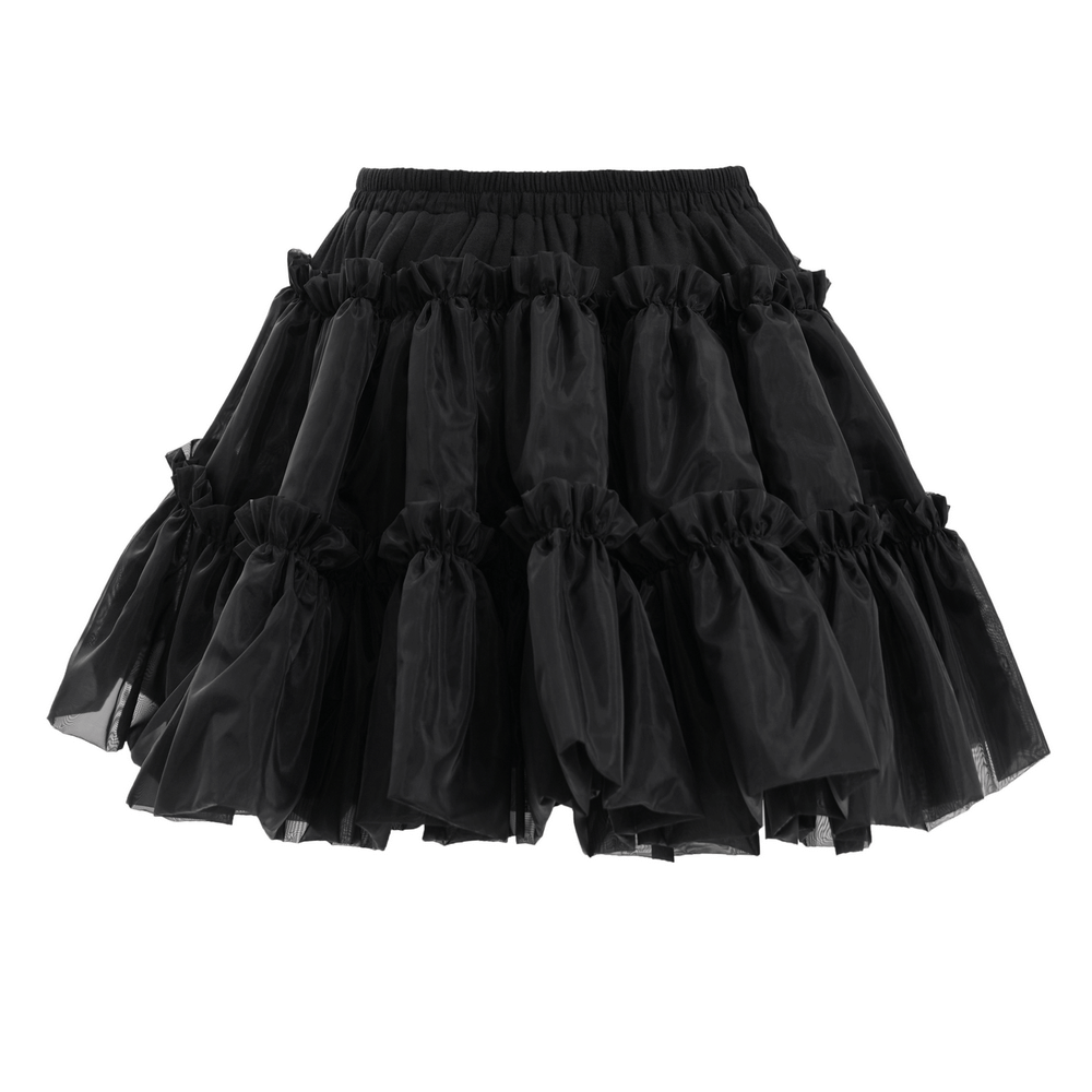 Puffy black layered tulle skirt for women, featuring ruffled design for a bold Gothic style.