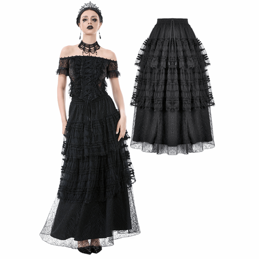 Black layered lace goth maxi skirt with drawstring waist, perfect for Victorian-inspired and alternative fashion.
