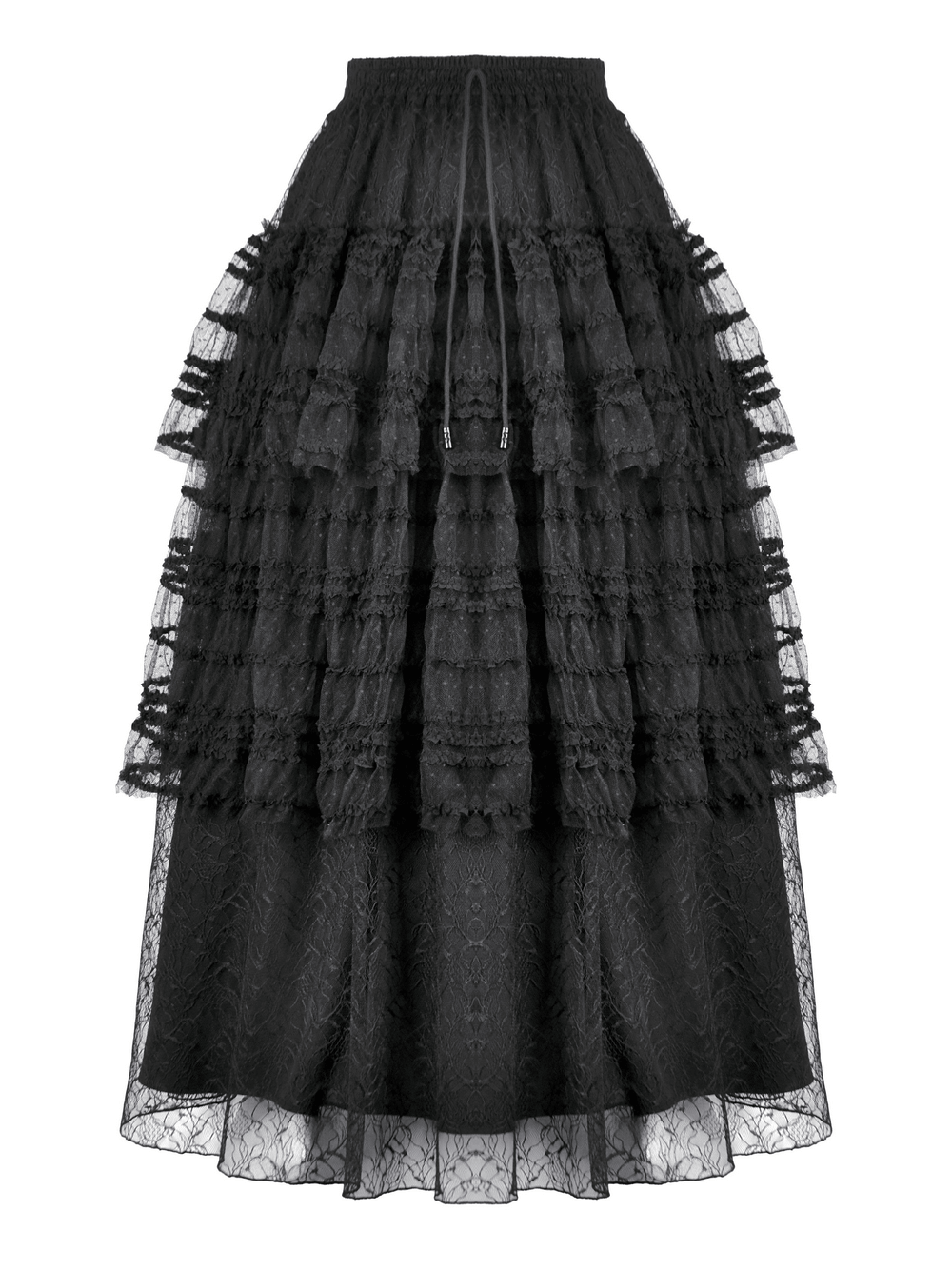 Black layered lace maxi skirt with ruffled tiers and drawstring waist, perfect for gothic and Victorian-inspired looks.