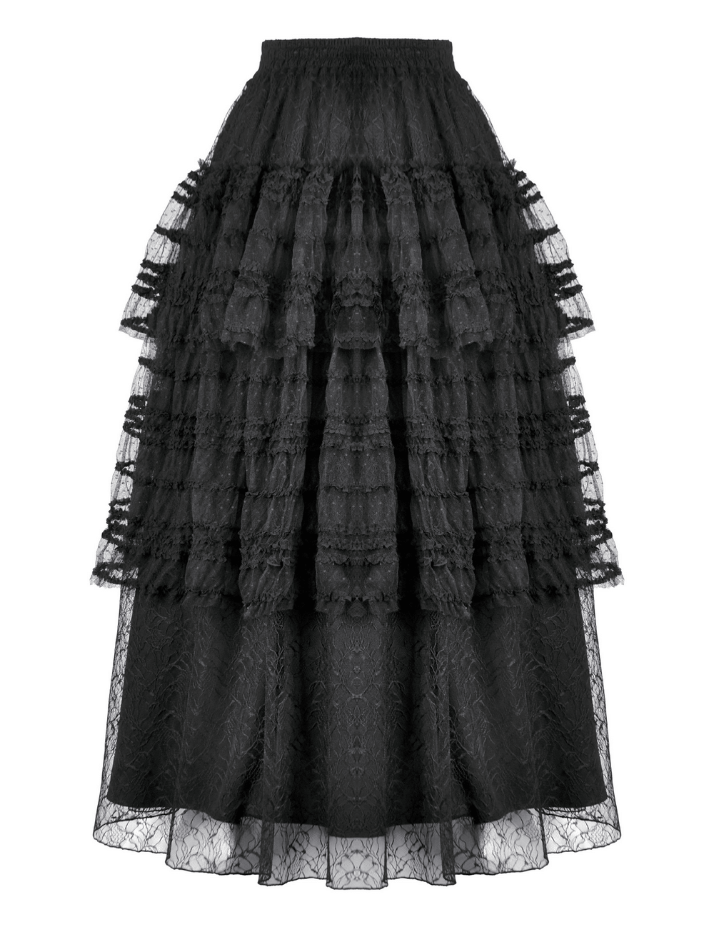 Black layered lace maxi skirt with ruffled tiers and drawstring waist for gothic and Victorian styles.