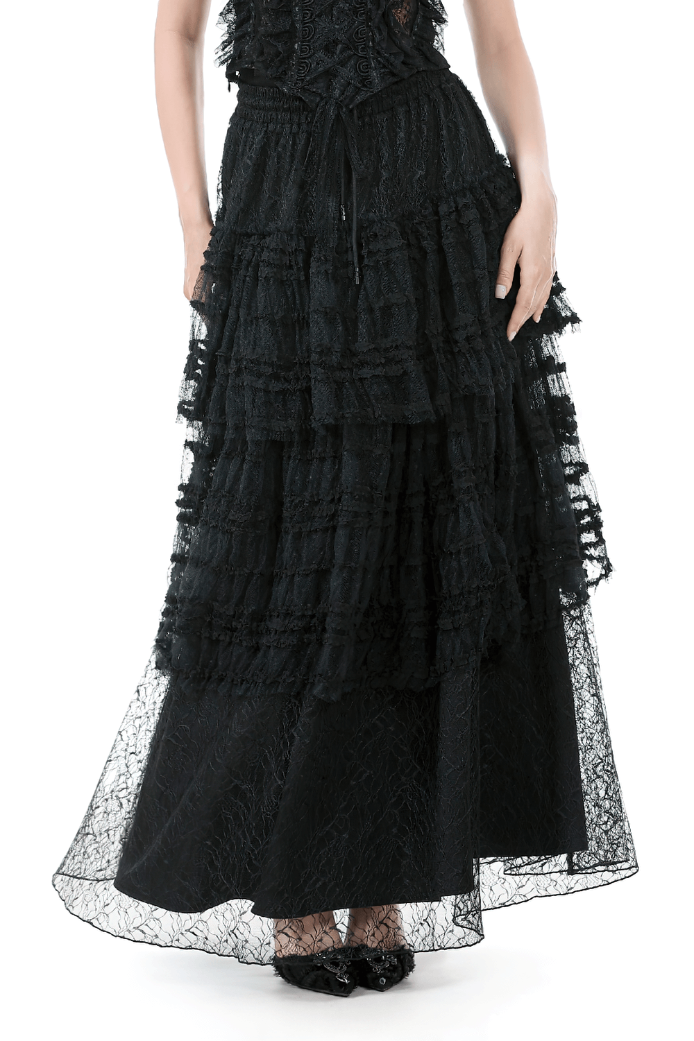 Black layered lace goth maxi skirt with ruffled tiers and drawstring waist for a romantic, Victorian-inspired look.