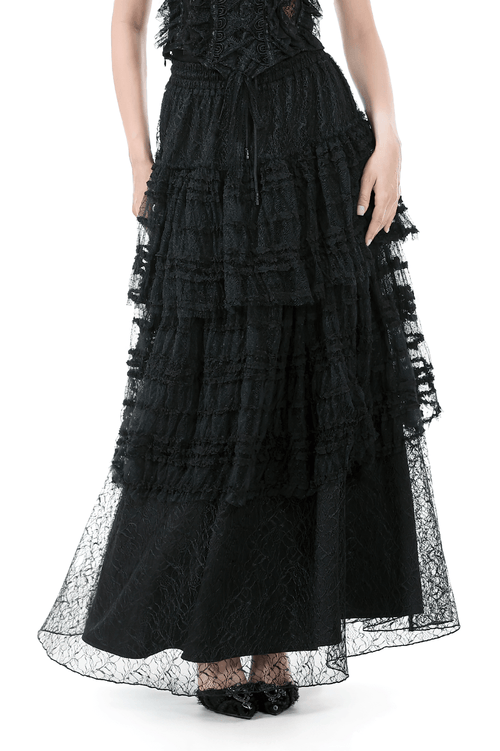 Schwarzer Lagen-Lace-Goth-Maxirock mit Kordelzugbund